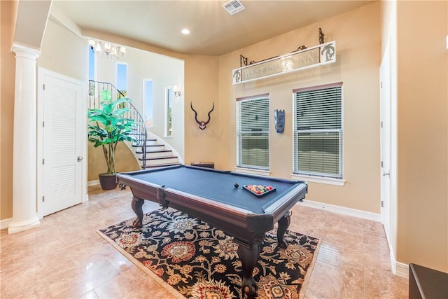 134 La Joya Prt, Aransas, TX 78373 - playroom with billiards, ornate columns, a chandelier, baseboards, and recessed lighting