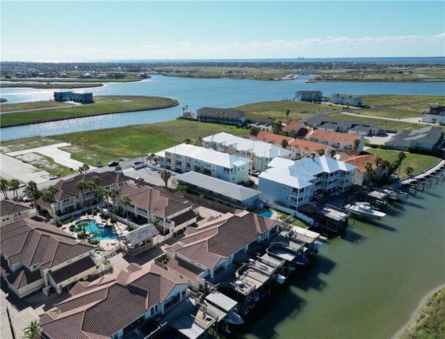 aerial view featuring a water view