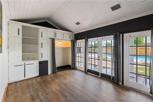 kitchen with dark hardwood / wood-style flooring, lofted ceiling, french doors, and wooden ceiling