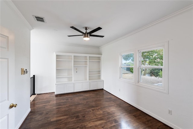 unfurnished bedroom with ceiling fan, dark hardwood / wood-style flooring, and ornamental molding