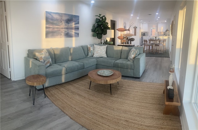 living room featuring wood finished floors and recessed lighting