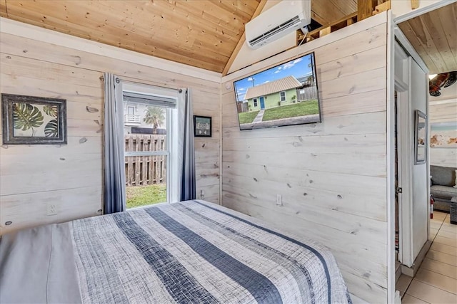 bedroom with lofted ceiling, wooden walls, multiple windows, a wall mounted air conditioner, and wooden ceiling