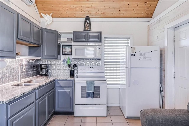 kitchen with wooden ceiling, white appliances, and vaulted ceiling