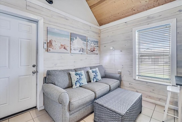 tiled living room with wood walls, wood ceiling, and vaulted ceiling