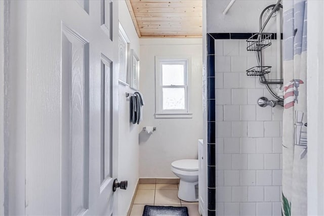 bathroom featuring wooden ceiling, toilet, a shower with curtain, and tile patterned flooring