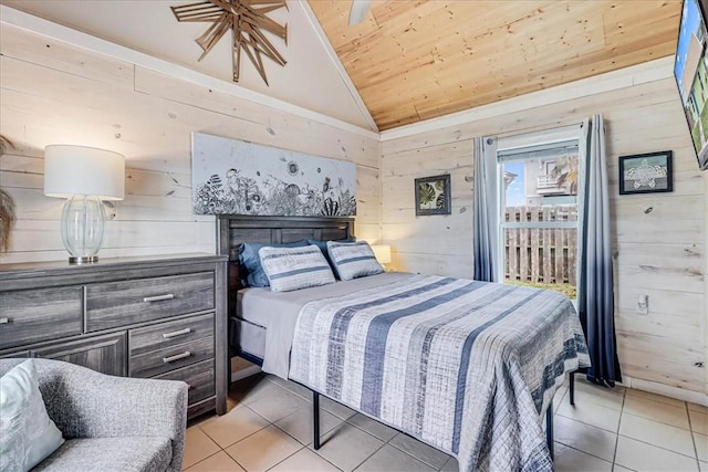 tiled bedroom with wooden ceiling and wooden walls