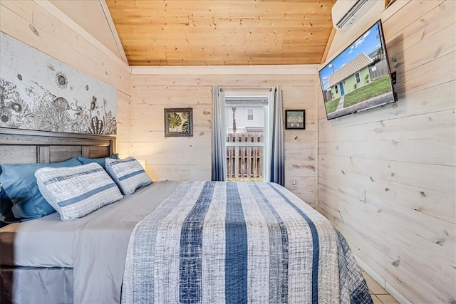 unfurnished bedroom with wooden ceiling, lofted ceiling, an AC wall unit, and wooden walls