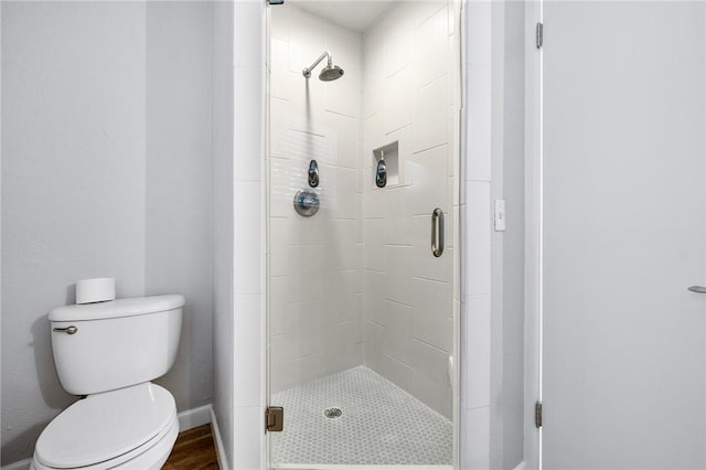 bathroom with a stall shower and toilet