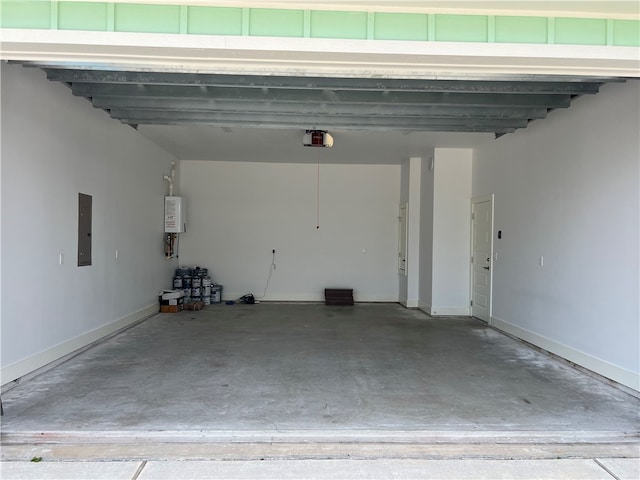 garage with electric panel and tankless water heater