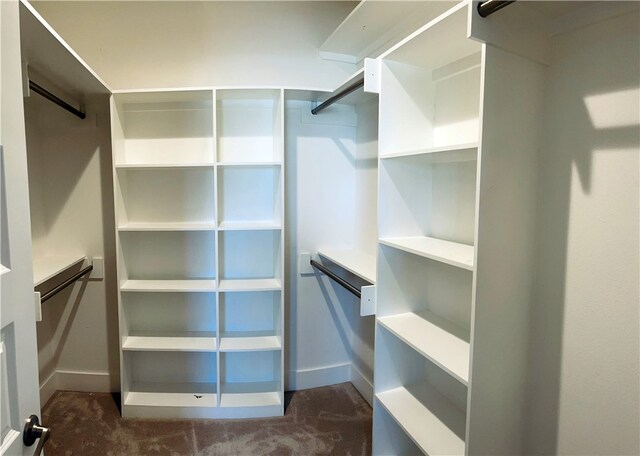 spacious closet with dark colored carpet