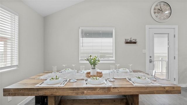 unfurnished dining area with hardwood / wood-style floors and lofted ceiling