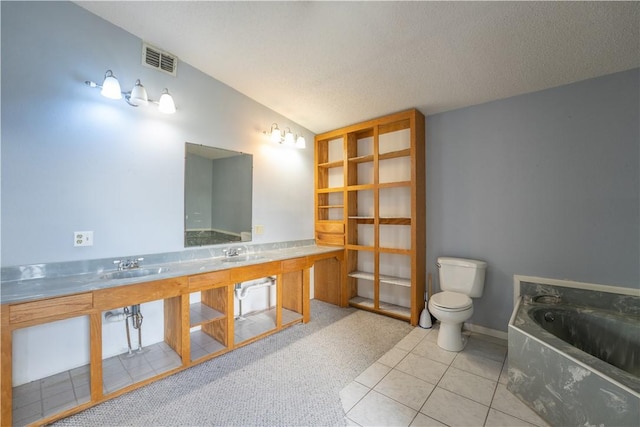 full bathroom with toilet, visible vents, vaulted ceiling, a bath, and tile patterned floors