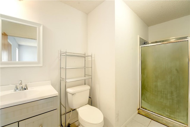 full bath with toilet, a textured ceiling, a shower stall, vanity, and tile patterned floors