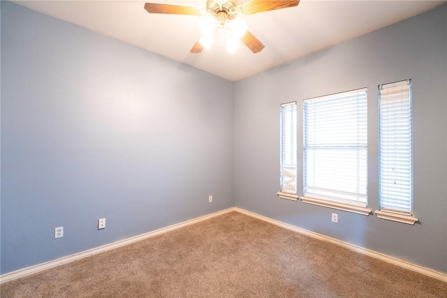 unfurnished room with ceiling fan, carpet, and a wealth of natural light