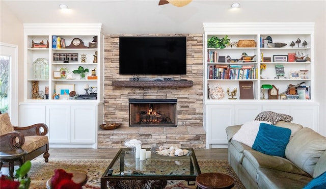 living room featuring a fireplace and hardwood / wood-style flooring