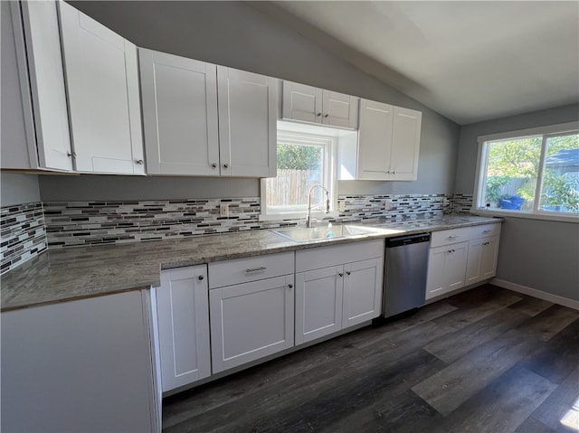 kitchen with a wealth of natural light, sink, white cabinets, and stainless steel dishwasher