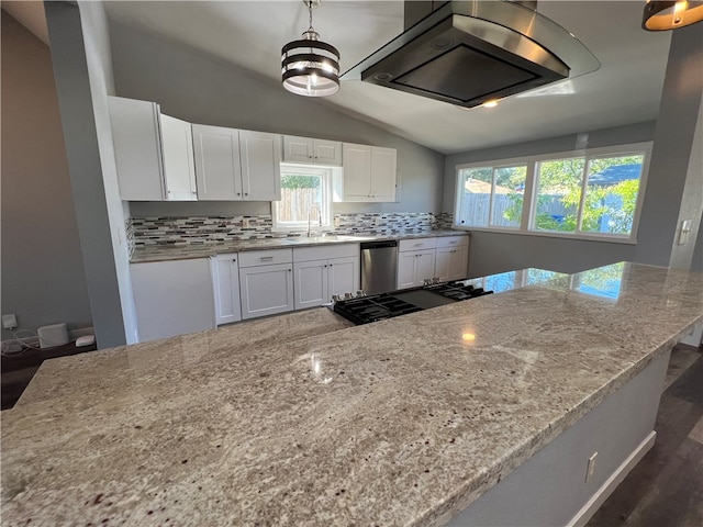 kitchen featuring light stone counters, stainless steel appliances, dark wood-type flooring, white cabinets, and lofted ceiling