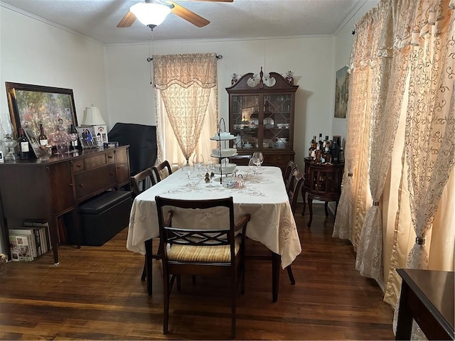 dining space featuring dark wood-type flooring and ceiling fan