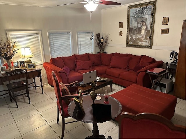 tiled living room featuring ceiling fan