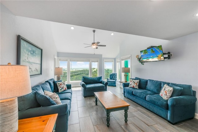 800 Beach Access Road 1a 804, Port Aransas, TX 78373 - living room with lofted ceiling, a ceiling fan, and recessed lighting