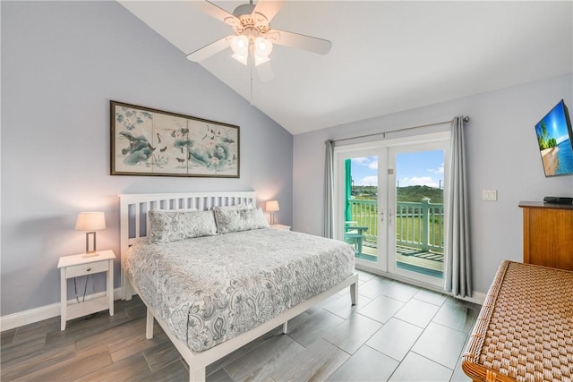 800 Beach Access Road 1a 804, Port Aransas, TX 78373 - bedroom with vaulted ceiling, access to outside, a ceiling fan, and baseboards
