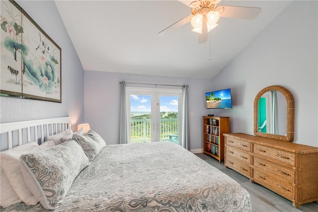 800 Beach Access Road 1a 804, Port Aransas, TX 78373 - bedroom featuring vaulted ceiling, access to exterior, light wood-style floors, and a ceiling fan