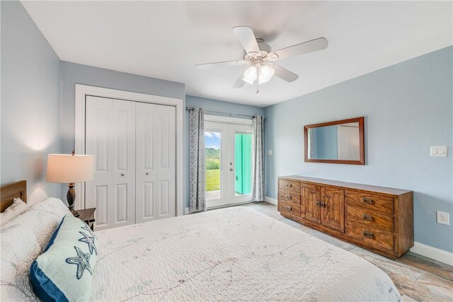 800 Beach Access Road 1a 804, Port Aransas, TX 78373 - bedroom with baseboards, a closet, a ceiling fan, and access to exterior