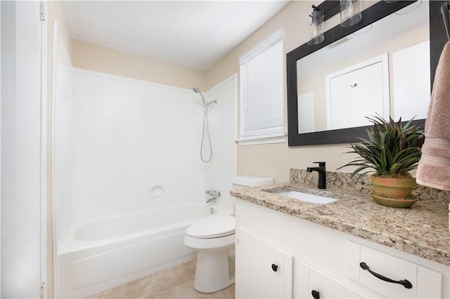 bathroom with tile patterned flooring, toilet, visible vents, bathing tub / shower combination, and vanity