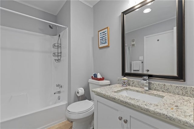 full bathroom with shower / tub combination, vanity, toilet, and ornamental molding