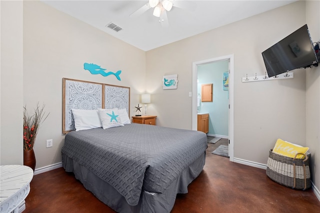 bedroom featuring ceiling fan and connected bathroom