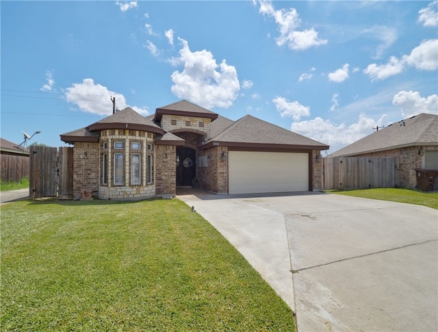 view of front of house with a front lawn and a garage