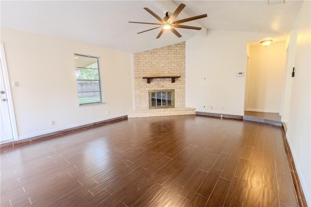 2721 Tumbleweed Dr, Corpus Christi, TX 78410 - unfurnished living room featuring a ceiling fan, dark wood-style floors, and a brick fireplace