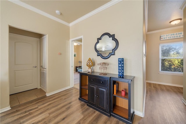 hallway featuring hardwood / wood-style floors and crown molding