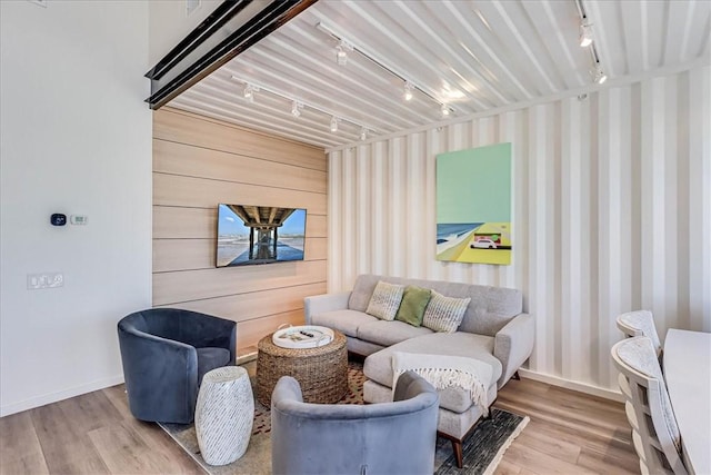 living room with wood-type flooring and track lighting