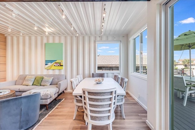 dining space featuring hardwood / wood-style floors and rail lighting