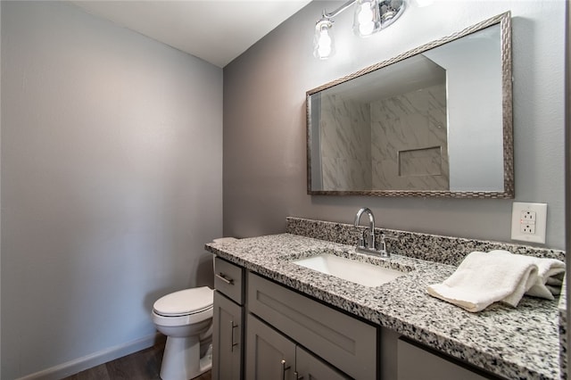 bathroom with wood-type flooring, vanity, and toilet