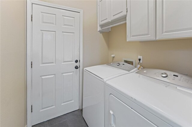 7617 Del Rio Dr, Corpus Christi, TX 78413 - laundry room with washer and clothes dryer, cabinet space, and dark tile patterned floors