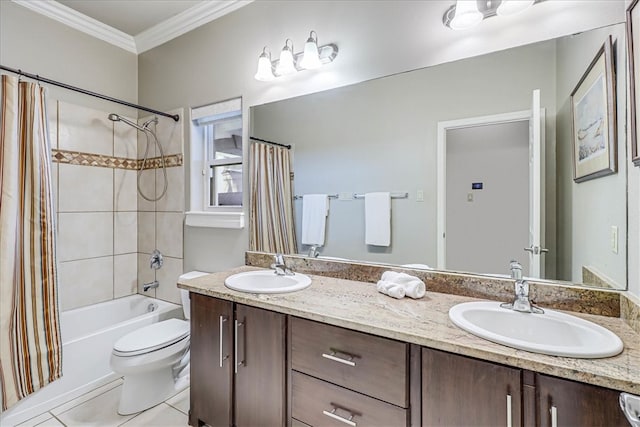 full bathroom featuring toilet, tile patterned floors, vanity, crown molding, and shower / bathtub combination with curtain