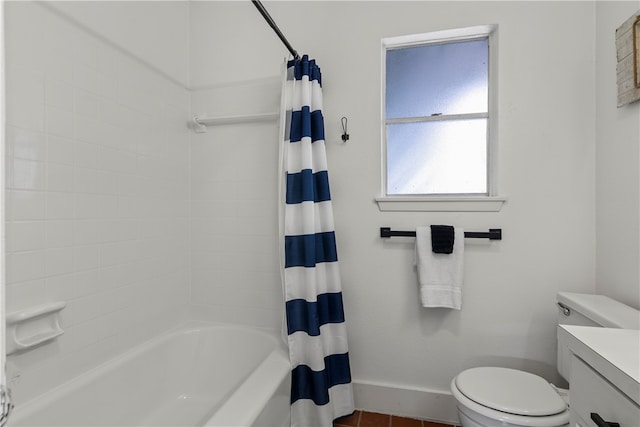 full bathroom featuring toilet, vanity, tile patterned flooring, and shower / bathtub combination with curtain