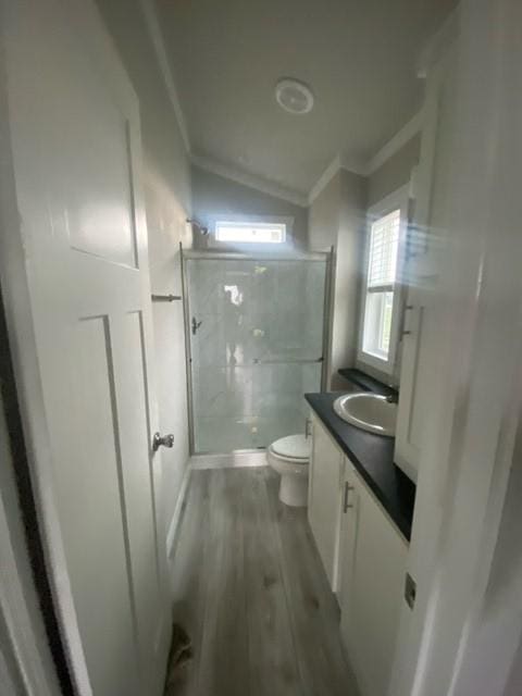 bathroom featuring vanity, a shower with door, vaulted ceiling, hardwood / wood-style flooring, and toilet