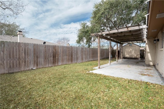 view of yard featuring a patio and a shed