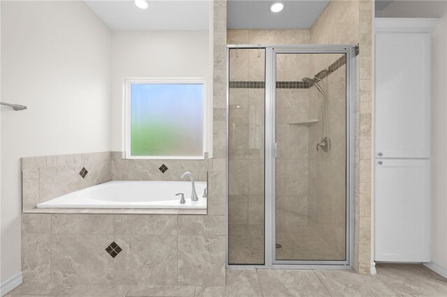 13822 Whitecap Blvd, Corpus Christi, TX 78418 - full bathroom with a stall shower, a bath, recessed lighting, and tile patterned flooring