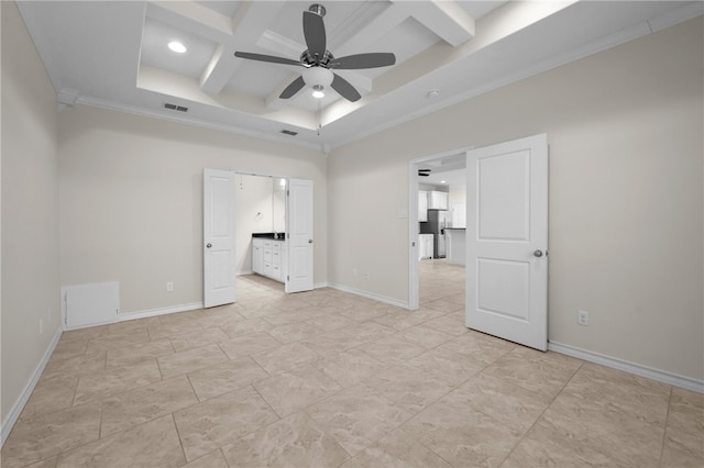 13822 Whitecap Blvd, Corpus Christi, TX 78418 - unfurnished bedroom with coffered ceiling, crown molding, recessed lighting, beam ceiling, and ensuite bathroom