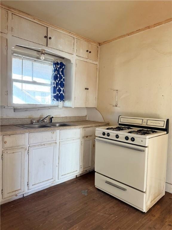 kitchen with dark hardwood / wood-style flooring, white range, and sink