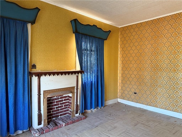 unfurnished living room with a fireplace, parquet floors, and crown molding