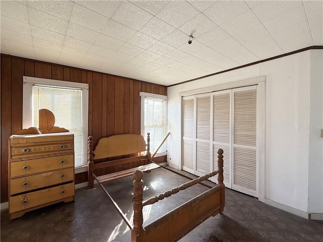 bedroom with wooden walls and a closet