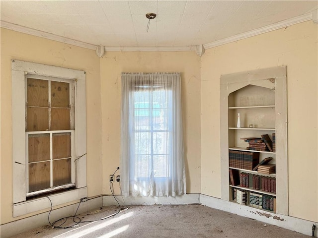 empty room featuring built in features and ornamental molding