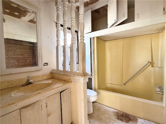 full bathroom featuring bathing tub / shower combination, vanity, concrete flooring, and toilet