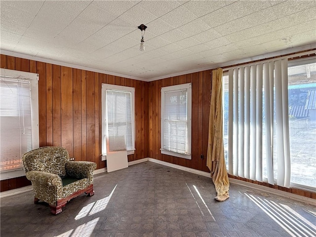 unfurnished room featuring wood walls