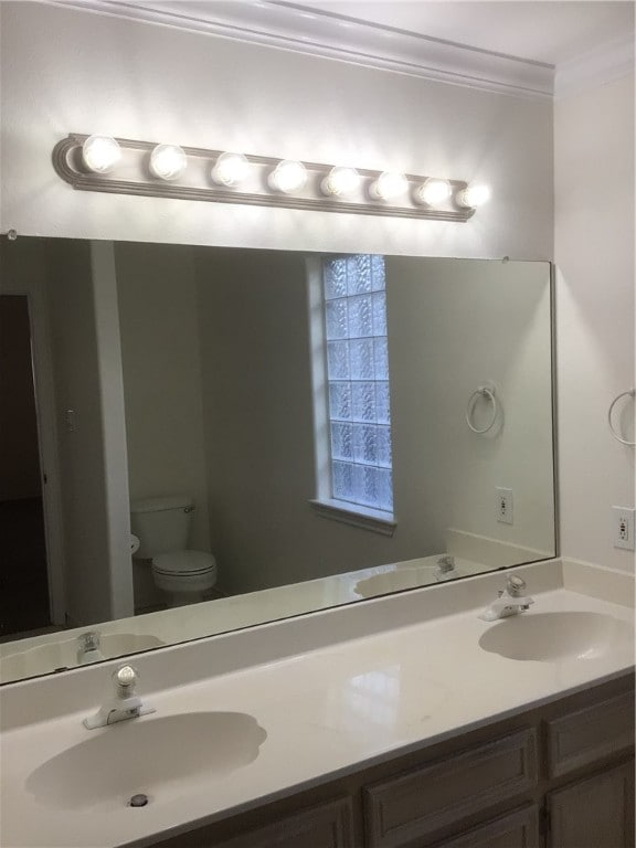 bathroom featuring toilet, vanity, and ornamental molding